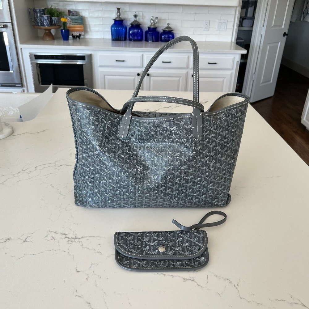 Beautiful designer look MONOGRAMMED tote handbag bag gray with attachable makeup